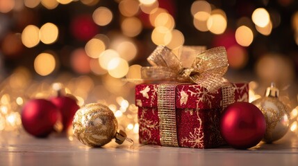 Beautifully wrapped Christmas gift with gold bow and ornaments on white surface