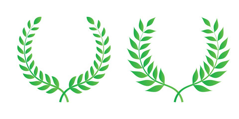Green laurel wreath. Green silhouette laurel foliate wreaths, award, achievement, chaplet, heraldry, nobility. Green leaf silhouette