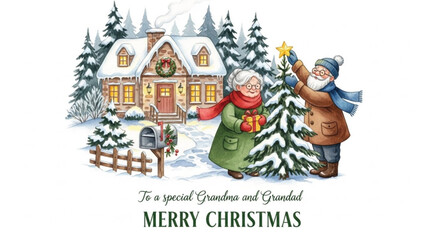 Fototapeta premium Watercolor Christmas Illustration of Grandma and Grandad Decorating Tree by Snowy Cottage Winter Scene
