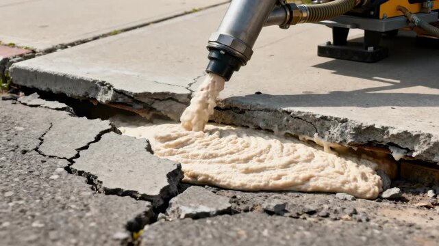 Medium shot of foam injection in hydraulic slab lifting capturing expansion under a sinking sidewalk to restore level surface.