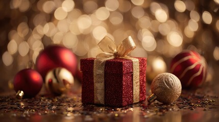 Festive holiday gift and ornaments in sparkling gold and red decorations