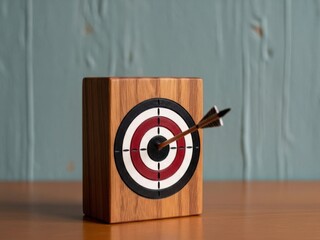 A wooden block with a dartboard design and a single dart hitting center