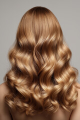 Fototapeta premium Rear view of woman with long healthy wavy blond hair with shiny texture and volume