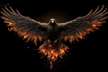 Fototapeta premium Black raven spreading its wings with fiery sparks and molten flames surrounding the feathers
