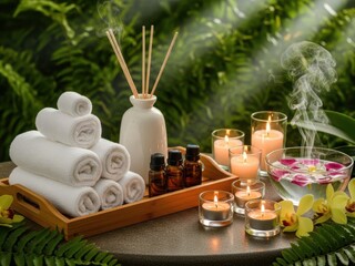 A serene spa scene with candles rolled towels and essential oils
