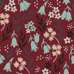 Vintage Scandinavian style floral pattern. Moody botanical background with bluebells and wildflowers for fabric, wallpaper, and commercial packaging.