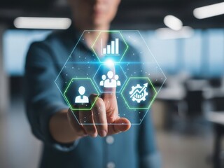 Man interacting with a glowing hexagonal interface displaying data analytics icons