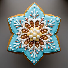 Deliciously decorated blue snowflake cookie with intricate icing design on gray background