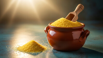 Turmeric Powder in Clay Pot with Wooden Scoop, Golden Light Background