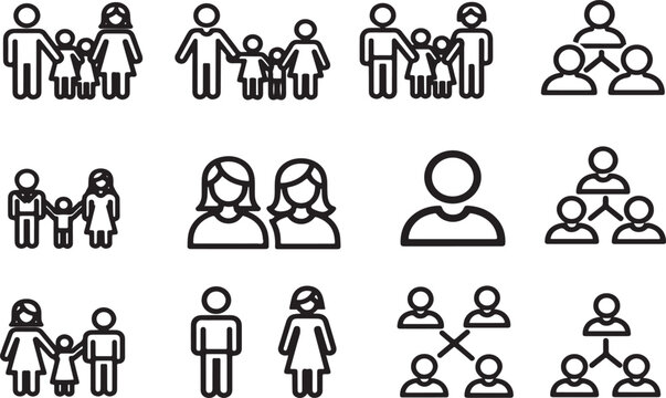 Hand drawn vector illustration set featuring business people icons and cartoon character sketches of a family with a child, baby, and cat in a playful doodle style.