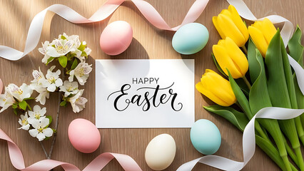 Easter celebration with flowers, eggs, and ribbons on wooden background