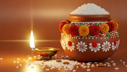 Decorative Clay Pot with Rice and Diwali Lamp on Traditional Indian Background