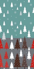 Obraz premium Winter forest scene: white, red, and brown pine trees against teal sky. Snowflakes add festive charm to the cozy holiday design.