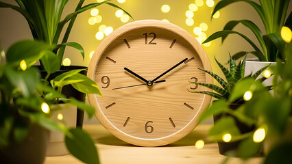 Cozy indoor scene with wooden clock surrounded by lush green plants and warm lights