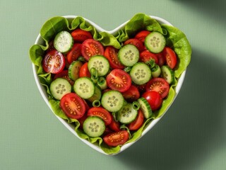 A vibrant heart shaped salad with fresh tomatoes cucumbers and leafy greens