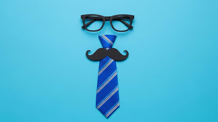 Business attire accessories forming a face on blue background, office supplies and props