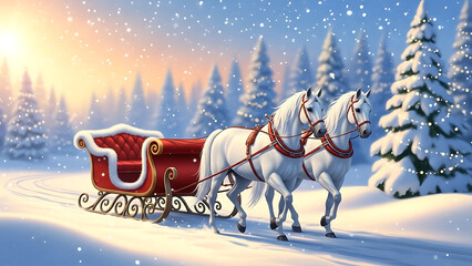 White horse drawn sleigh in winter wonderland snow scene with pine trees