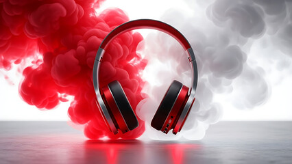 Red and black headphones with smoke effect on white background, music technology concept