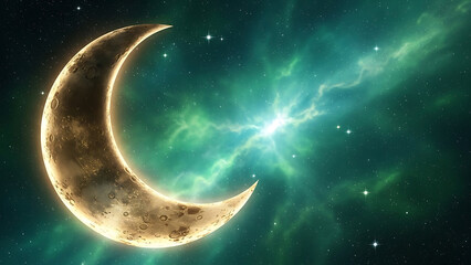 Golden crescent moon glowing brightly in a starry night sky with green nebula
