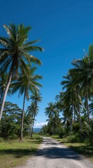 Lush Tropical Jungle Pathway Surrounded by Tall Palm Trees Under Clear Blue Sky