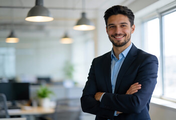 Smiling young businessman in dark suit and blue shirt with arms crossed in modern office startup leadership professional portrait teamwork career concept