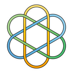 Brunnian link. Twelve-crossing three-component Brunnian link, that means cutting any loop frees the other two loops. Similar to the Borromean rings, but not the same. Isolated illustration. Vector