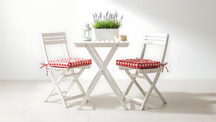 Cozy outdoor furniture setting with red and white checkered cushions and potted lavender