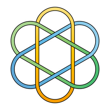 Brunnian link. Twelve-crossing three-component Brunnian link, that means cutting any loop frees the other two loops. Similar to the Borromean rings, but not the same. Isolated illustration. Vector