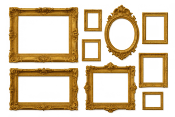 Golden ornate picture frames set with baroque antique style, empty vintage carved decorative borders on transparent background