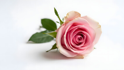Fresh pink rose with spiral petals and green leaves for Valentine&rsquo;s Day love and floral charm