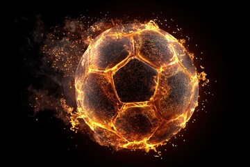 Cracked molten soccer ball glowing with fiery veins and erupting flame effects