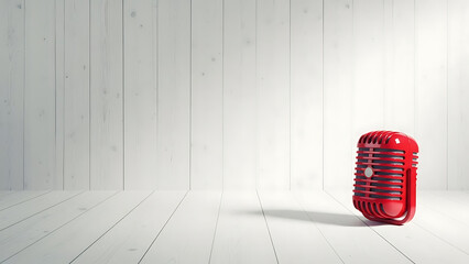 Retro Red Microphone on White Wooden Background, Vintage Recording Studio Equipment