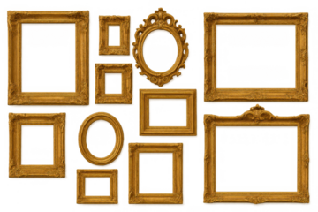 Golden ornate antique picture frames collection on transparent background, displaying vintage decor and art borders