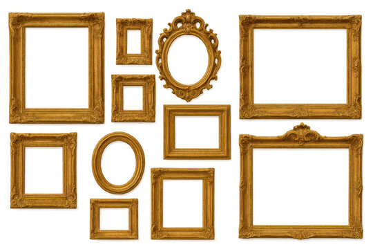 Golden ornate antique picture frames collection on transparent background, displaying vintage decor and art borders