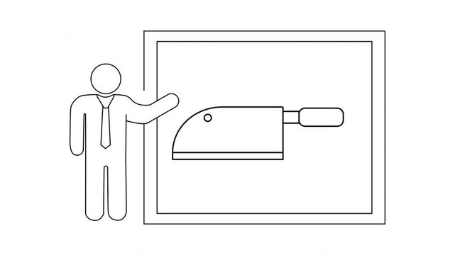 A person in a tie presents an image of a meat cleaver in a frame