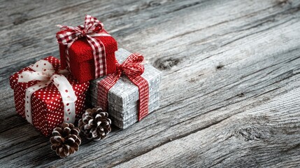 Beautifully wrapped Christmas gifts on rustic wooden background with pinecones