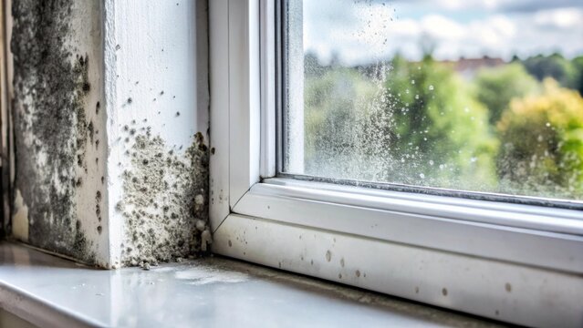 Mold Growth on Window Frame with Condensation and Green Foliage