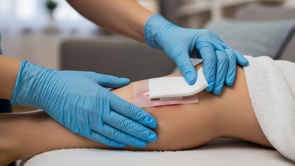 Foam Dressing Carefully Applied by Hands in Realistic Domestic Healthcare Scenario