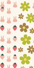 Cute strawberries and flowers in pastel colors. Sweet, playful pattern perfect for kids' designs or cozy decor items.