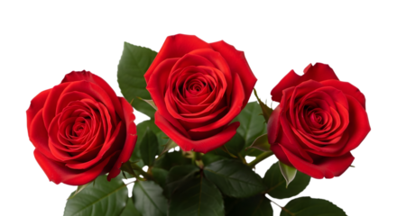 Three vibrant red roses in full bloom isolated on transparent background
