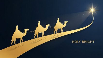 Three Wise Men riding camels following the Star of Bethlehem on a holy night