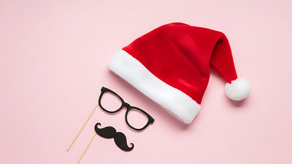 Festive holiday photo booth props on pink background for Christmas fun and party