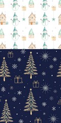 Snowmen, houses, stars, gifts on white; gold trees and snowflakes on navy blue background. Festive winter scene.