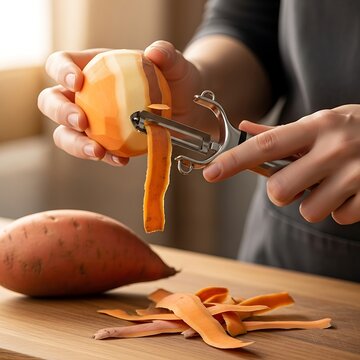 Hands peeling a sweet potato with a peeler on wooden cutting board