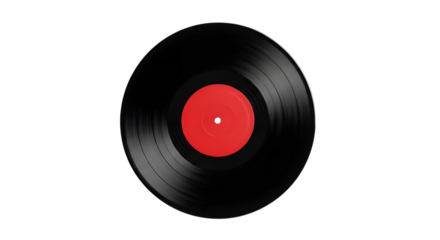 Vintage vinyl record with a vibrant red center label isolated on transparent background