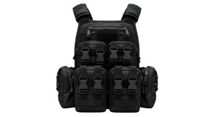 Detailed black tactical vest with pouches and straps isolated on transparent background