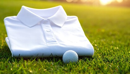 White golf polo shirt and golf ball on green grass.
