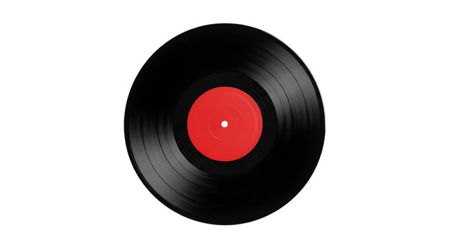 Vintage vinyl record with a vibrant red center label isolated on transparent background