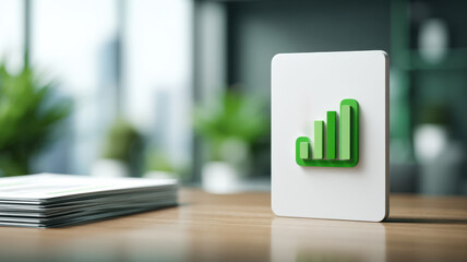 A mobile phone signal bars icon standing on a wooden table. A stack of paper in the foreground, with blurred office background