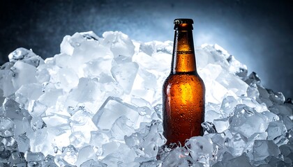Cold beer bottle on ice.